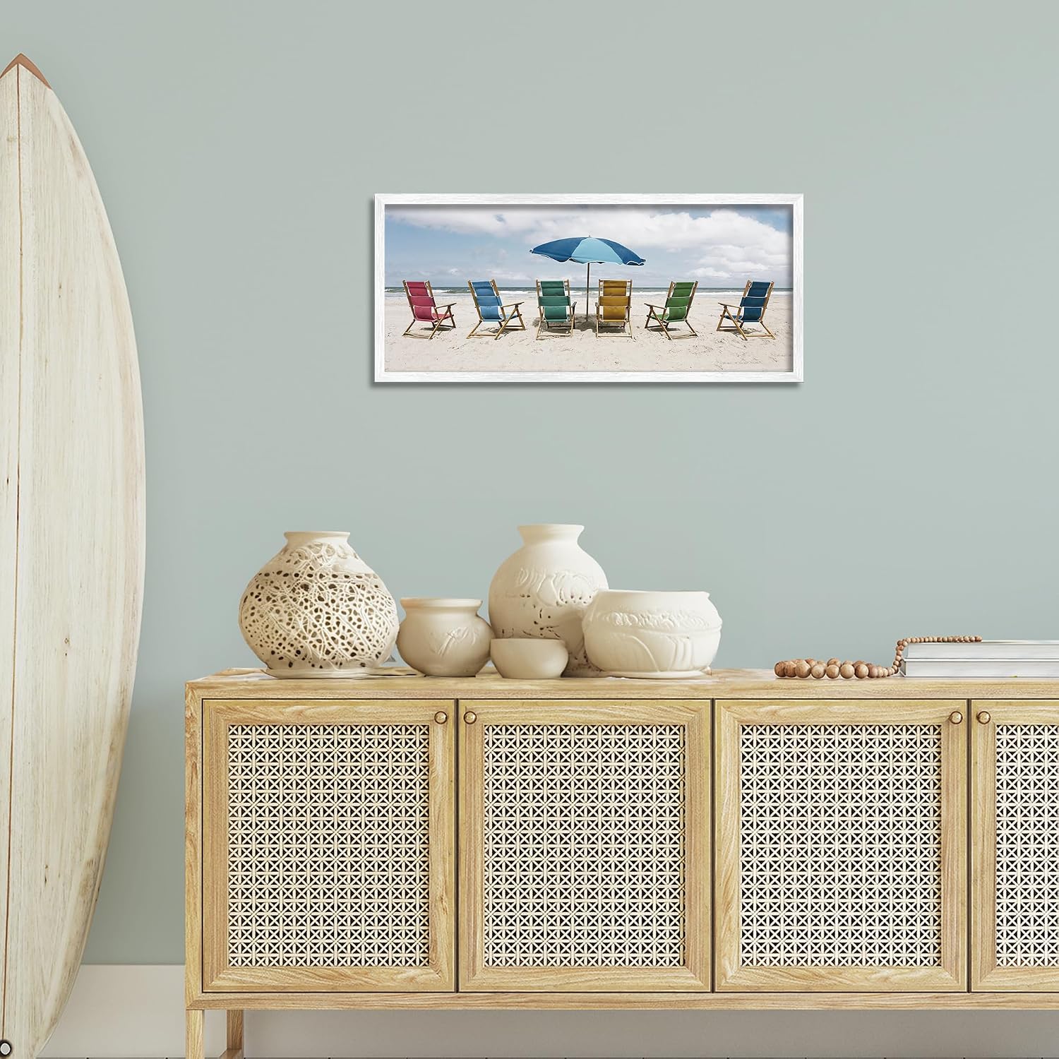 'Colorful Beach Chairs'| Framed Giclee Art | Stupell Industries | White, 30 x 13 Inches, Easy to Hang and Sturdy, Made in USA, by Natalie Carpentieri