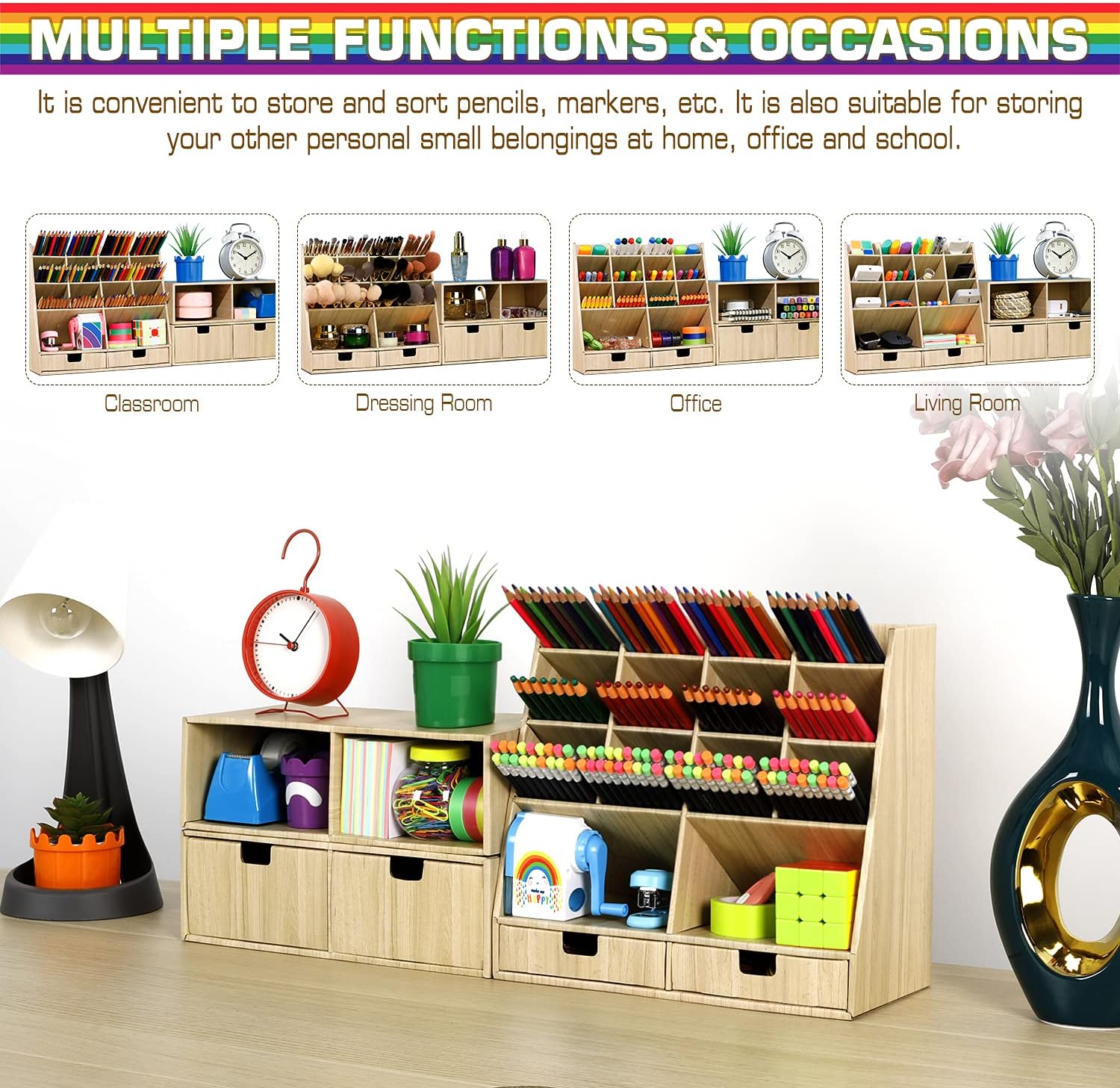 Desk Organizer and Accessories with 4 Drawers & 16 Compartments Twice Capacity - Art Supply Organizer for Home, School, Office Supplies, FSC Certified Cardboard, DIY Project, Easy Assembly, maple : Everything Else