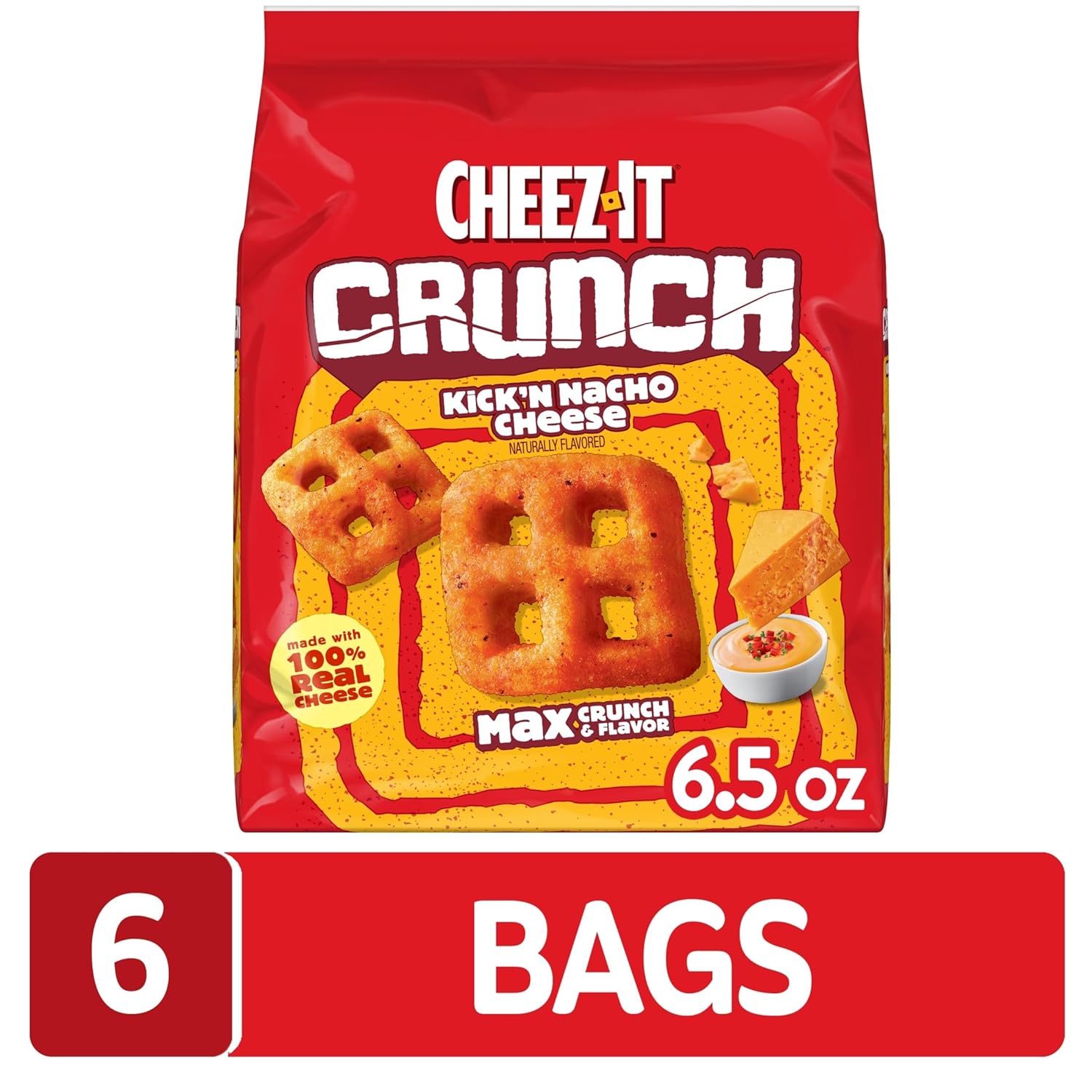 Cheez-It Crunch Cheesy Baked Snacks, Lunch Snacks, Kick'n Nacho Cheese (6 Bags)