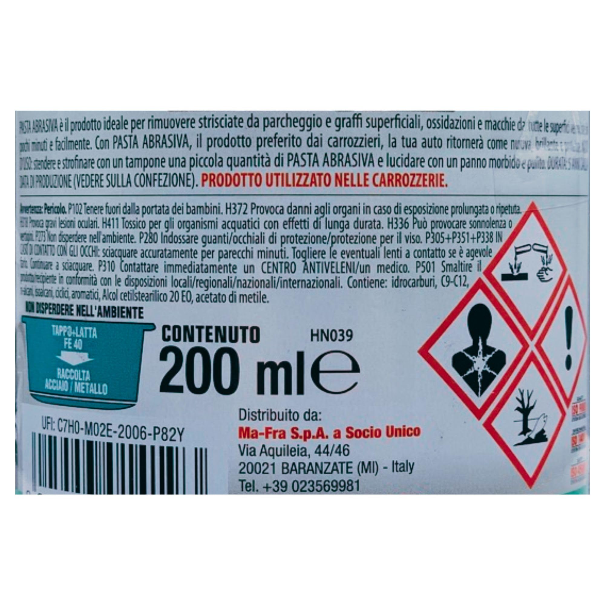 Lata de pasta abrasiva, tratamiento ideal contra arañazos, rasguños y manchas. Apto para parachoques pintados, 200 ml (6 unidades)