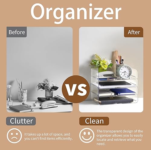 Miniatura 7 de Organizador de papel de gran capacidad de 4 niveles, organizador de escritorio apilable transparente y bandeja de papel acrílico, transparente y de