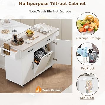 Kitchen Island with Folding Drop Leaf Breakfast Bar, Storage Rolling Kitchen Portable Table with Drawer, Cabinet, Garbage Bin Storage, Spice Rack, Towel Rack(White)