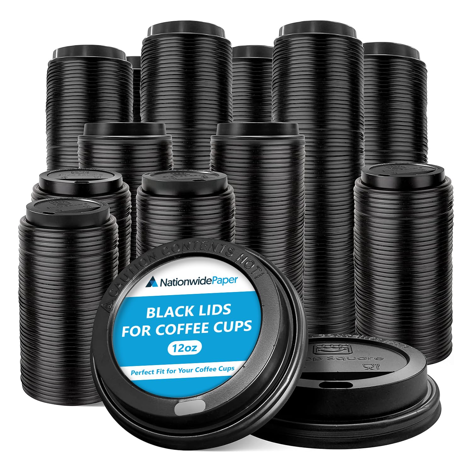 Nationwide Paper Black 12oz / 90mm Lids for Coffee Cup, Insulated Disposable Coffee Cup Lid for Takeaway Drink, Leak Proof Design - 50 Lids