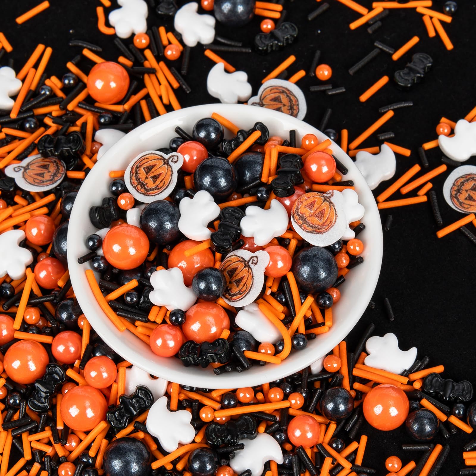 Halloween Streusel Mix, Orange Schwarz Weiß, Dekorative Backzutaten mit Kürbis Geist Motiven, Essbare Zuckerstreusel für Kuchen und Desserts