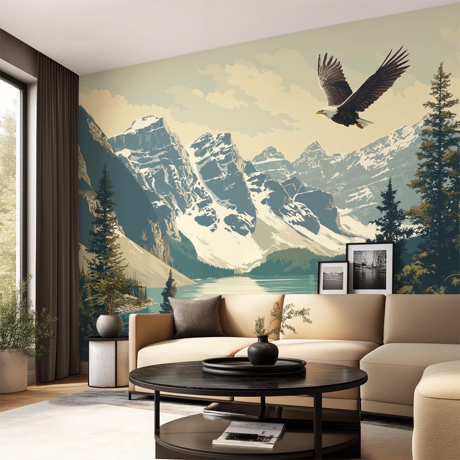 Fototapeta ścienna w stylu vintage, krajobraz, 200 x 140 cm (szer. x wys.), śnieżne góry, natura, orzeł, wymagana tapeta, tapeta, mural do standardowej sypialni, salonu, pokoju dziecięcego, możliwość
