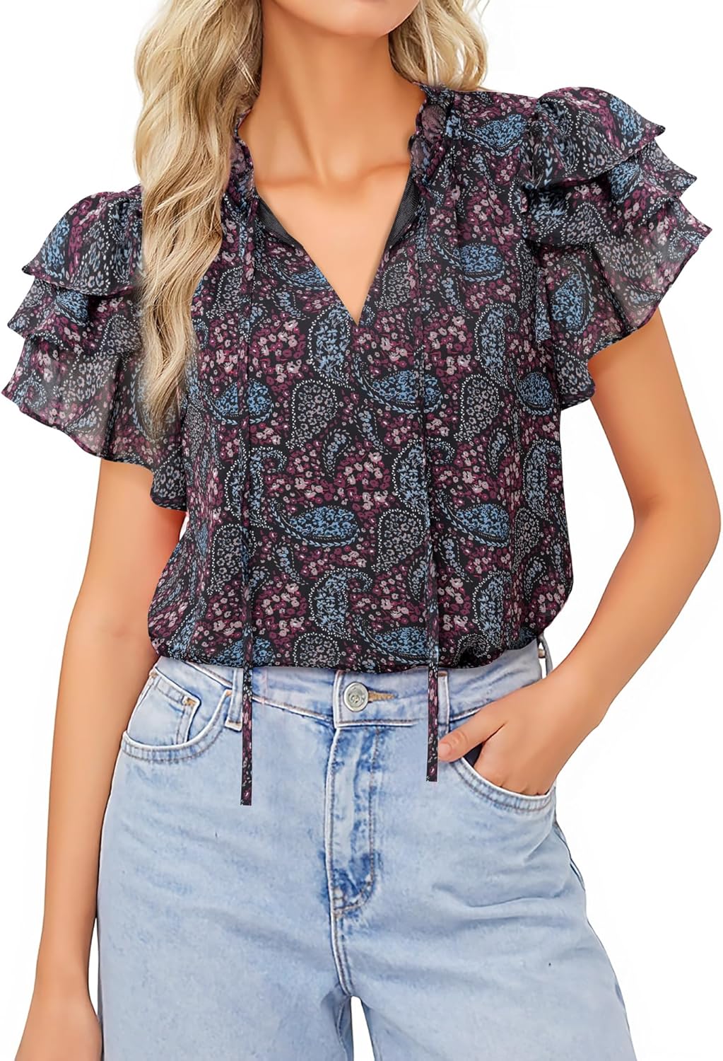 Lotusmile Summer Chiffon Dressy Casual Blouses Elegant Ruffle Short Sleeve Work Tops for Women Trendy - Image 2