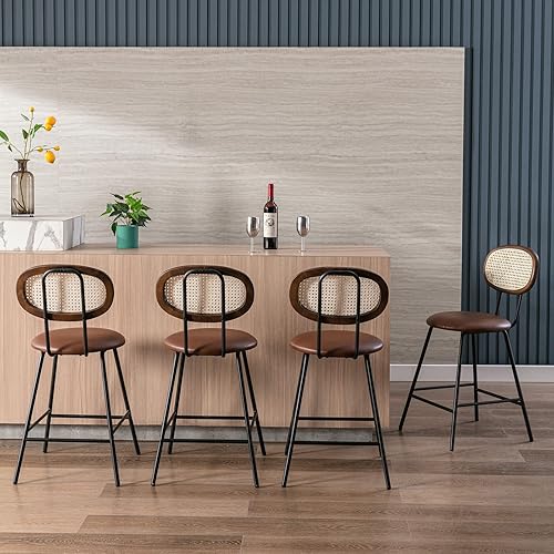 Taburetes de mostrador de ratán para comedor, juego de 4 taburetes de bar de piel sintética para interiores, sillas de comedor sin brazos con