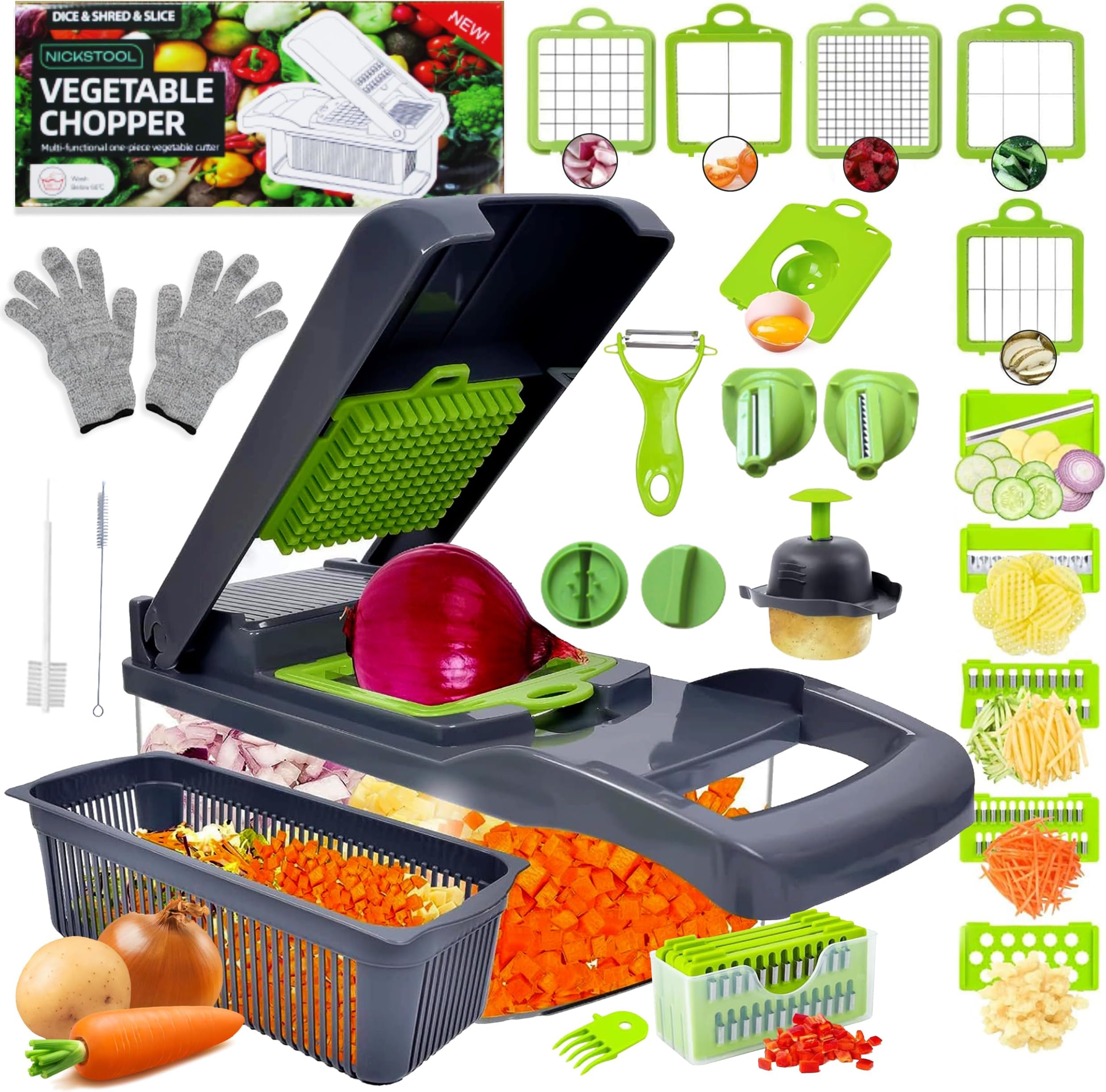 26-in-1 - Heavy Duty Vegetable Chopper with Container - Stainless Steel Blades - Slicer, Chopper, Spiral & Dicer for Veggies With Hand Guard, Cut Resistant Gloves & Cleaning Brushes - Green