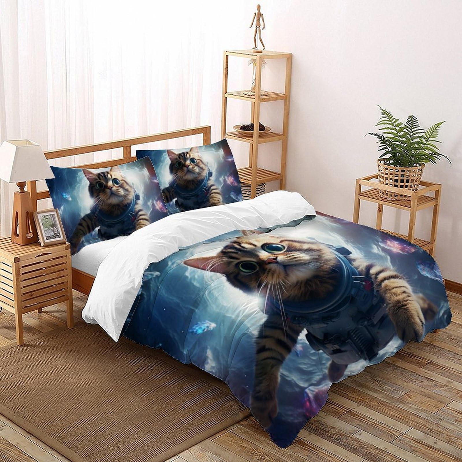 Housse de couette chat 260x220 cm avec taies d'oreiller en microfibre pour lit Super King