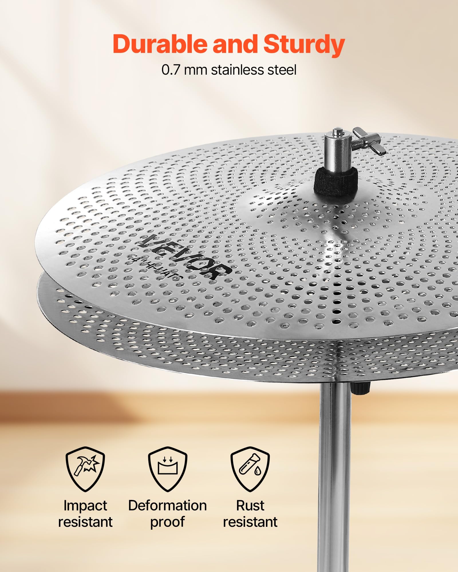 VEVOR Pacchetto Piatti Batteria, 4 Pezzi Silenziosi Lega, Hi-Hat 350 mm, Crash 400 e 455 mm, Ride 505 mm, Bacchette e Borsa, Rame Lucido