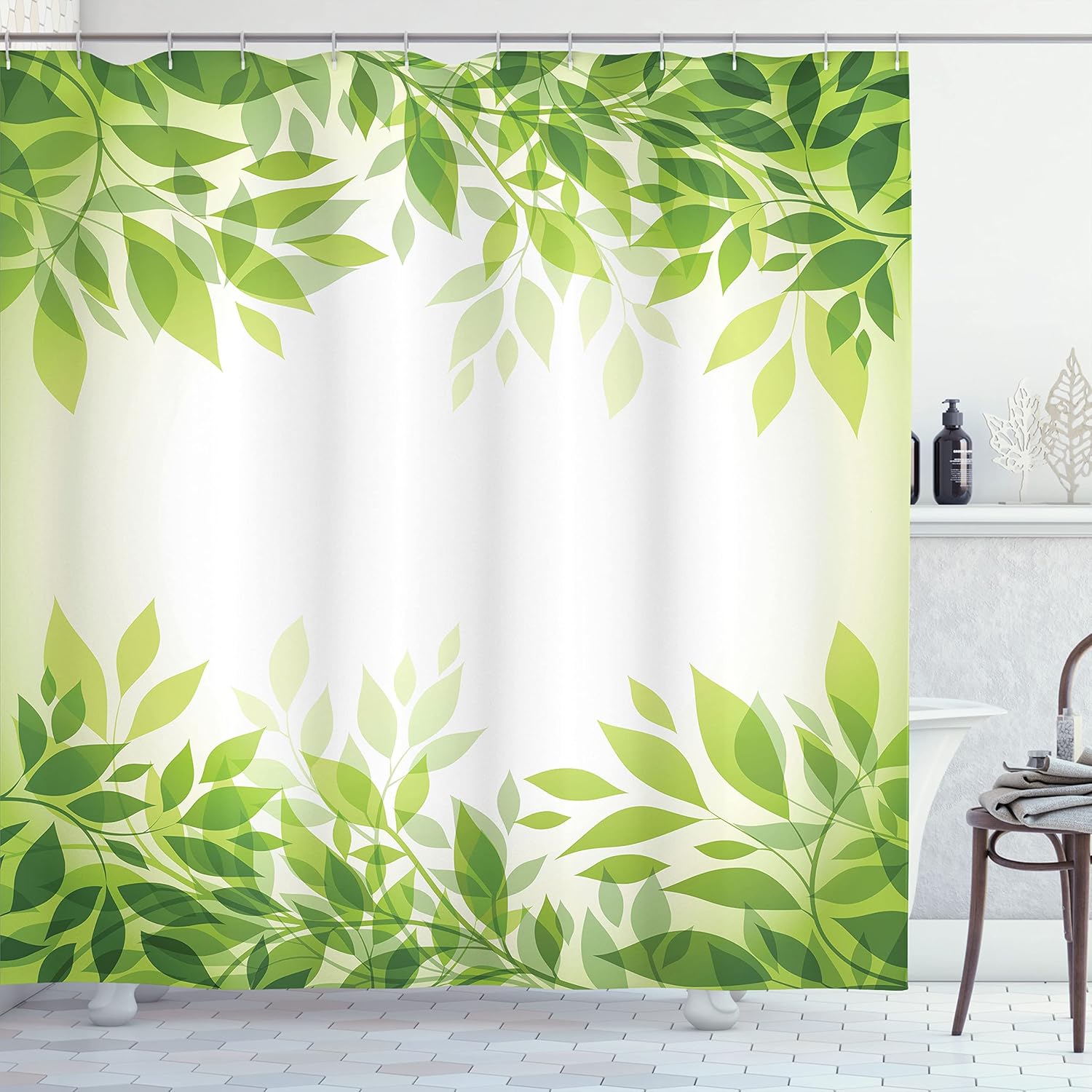 Ambesonne Leaf Shower Curtain, Framework of Tree with Leaves of Foliage on The Branches Inspired by Feng Shui Theme Modern Style Art, Cloth Fabric Bathroom Decor Set with Hooks, 70" Long, Pale Green