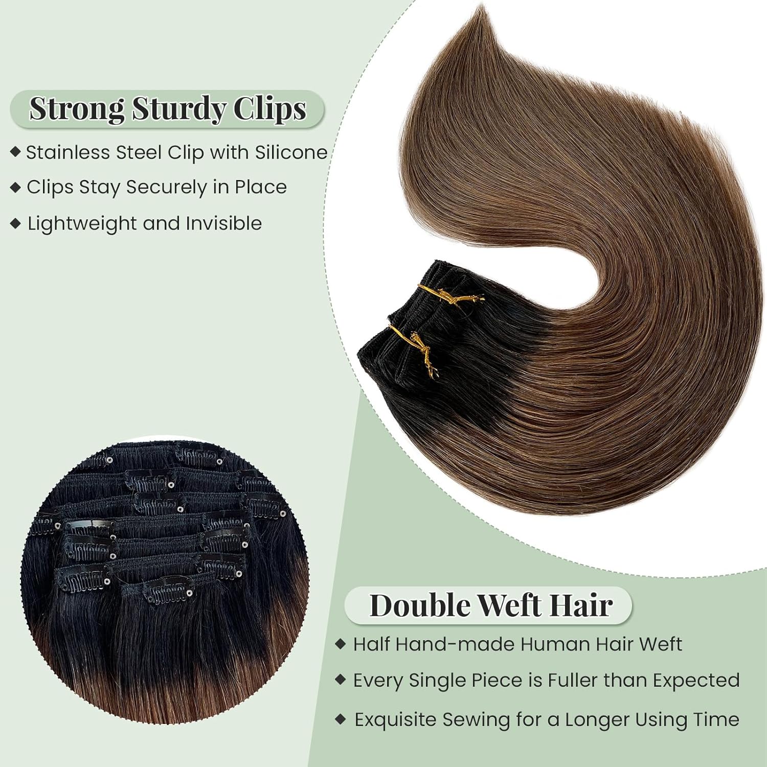 Ombre Clip in Hair Extensions Human Hair 120G 7PCS Thick Straight Black Roots Light Brown Hair Extensions Real Human Hair Clip ins for Full Head 22 Inch Brown Remy Hair Pieces with Dark Root