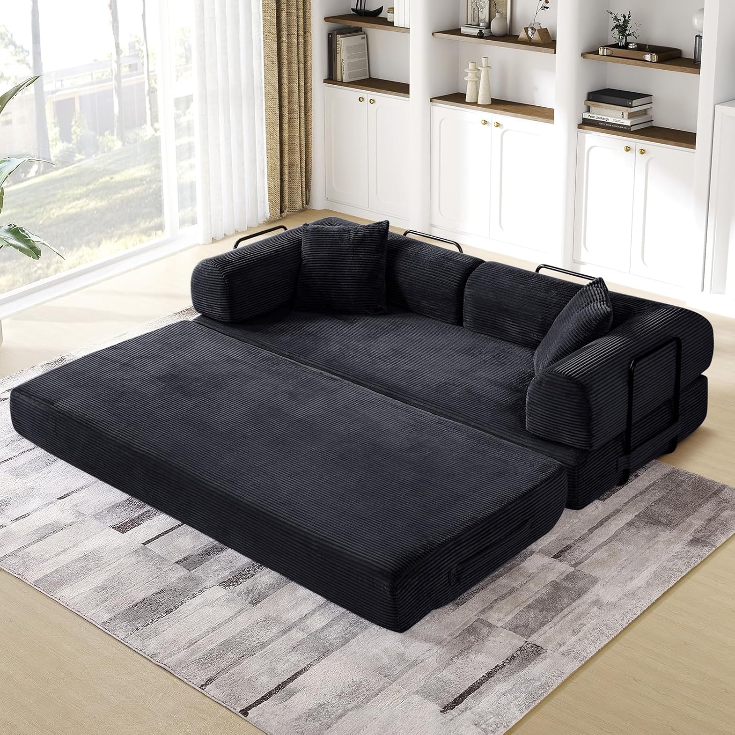 JEEOHEY Convertible Folding Sofa Bed, Corduroy Sleeper Mattress Couch with Fixed-Shape Frame, Free Combination Loveseat Lounge Floor Sofa, Queen Size Memory Foam Couch for Living Room, Bedroom, Black