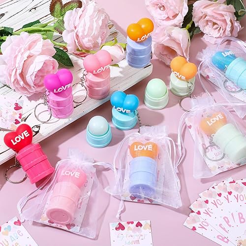 Miniatura 4 de Dansib 24 juegos de tarjetas para el día de San Valentín con bálsamo labial, bolsas de regalo de organza, bálsamo labial de San Valentín con llavero