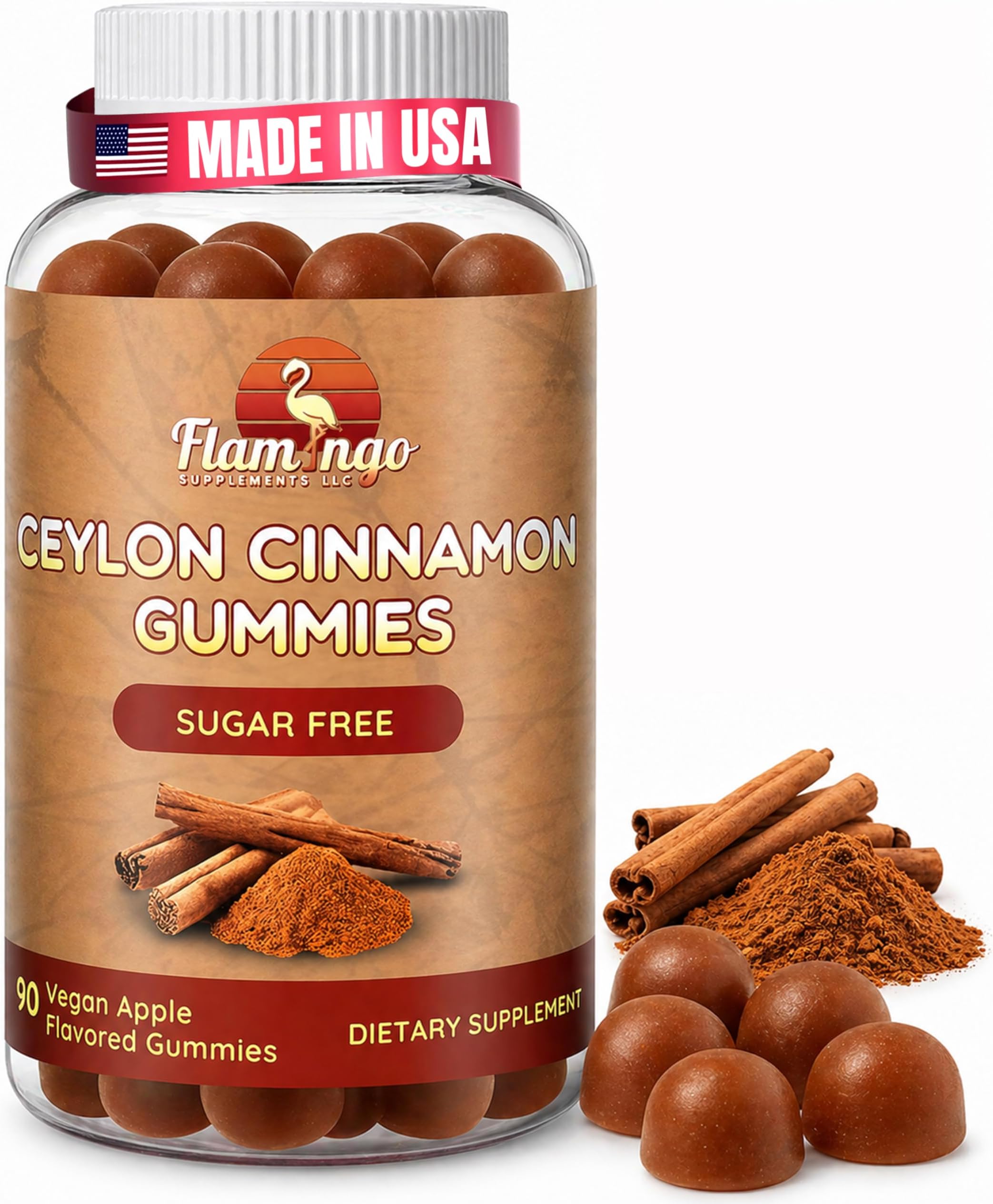 Flamingo Supplements Sugar Free Ceylon Cinnamon Gummies Sugar Regulation, Neuroprotective- Supplement with Chromium and Cinnamon Bark- Alternative to Cinnamon Capsules - 90 Chews