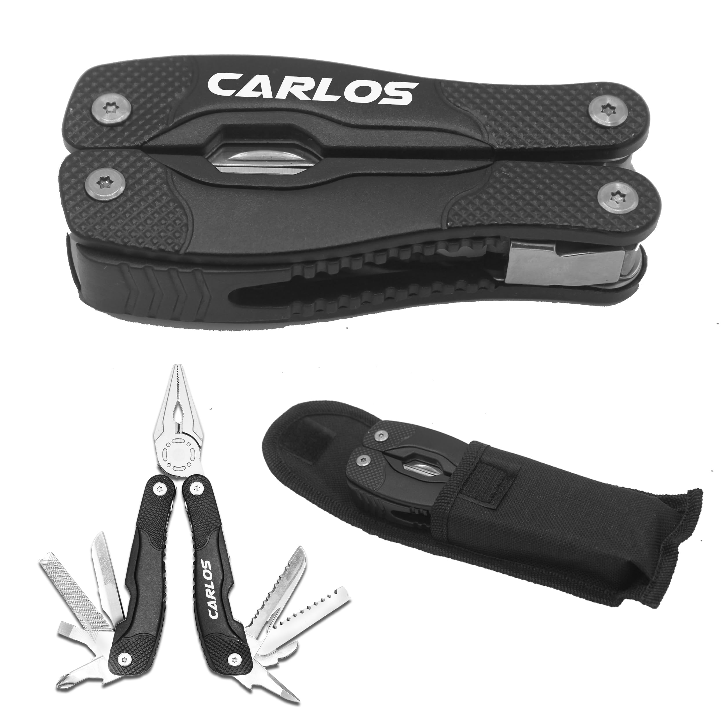 Custom Personalized Black Multi Tool with Sheath and Belt Loop - 13 Functions including Pliers, Screwdriver, Can Opener, Bottle Opener