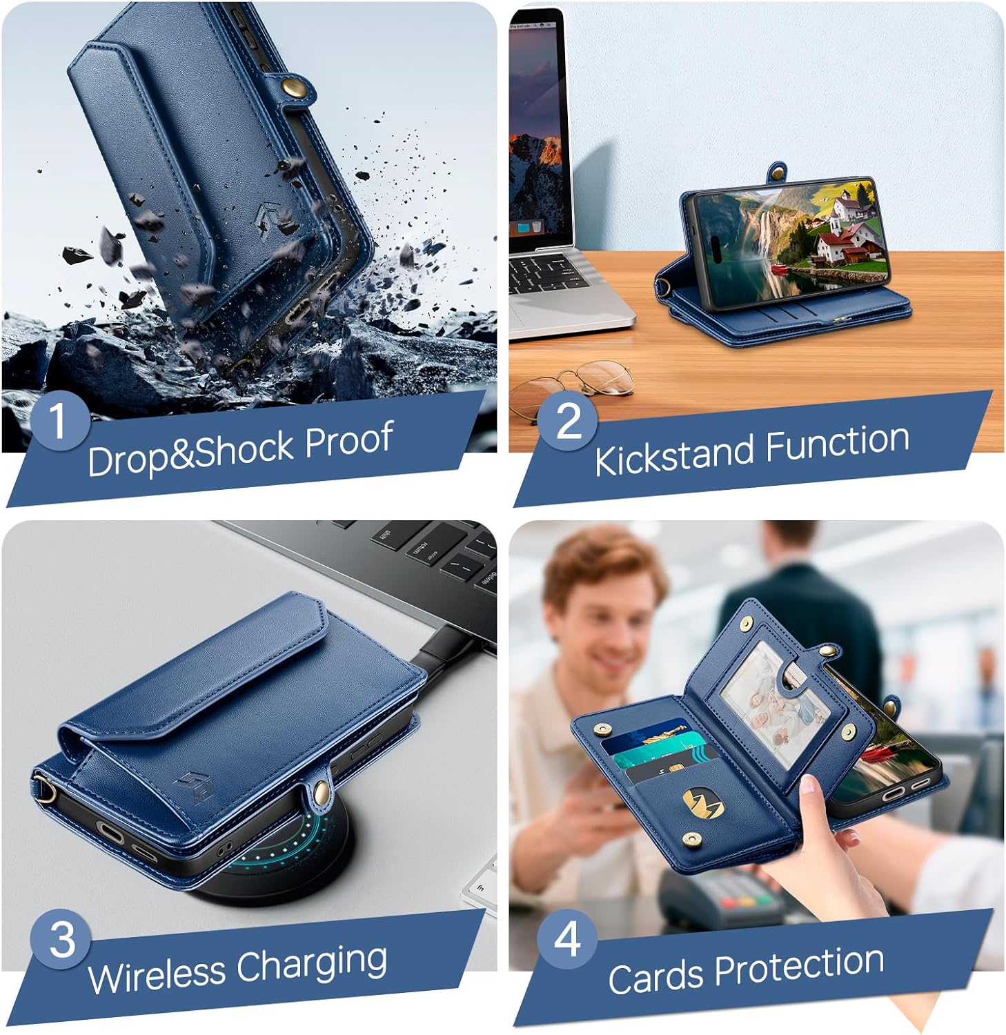 DJBull for iPhone 16 6.1" Wallet Case with Card Holder, Shoulder and Wristlet Straps, Soft PU Leather, Magnetic Snap, Flip Phone Case for Women Men for Apple 16 Blue