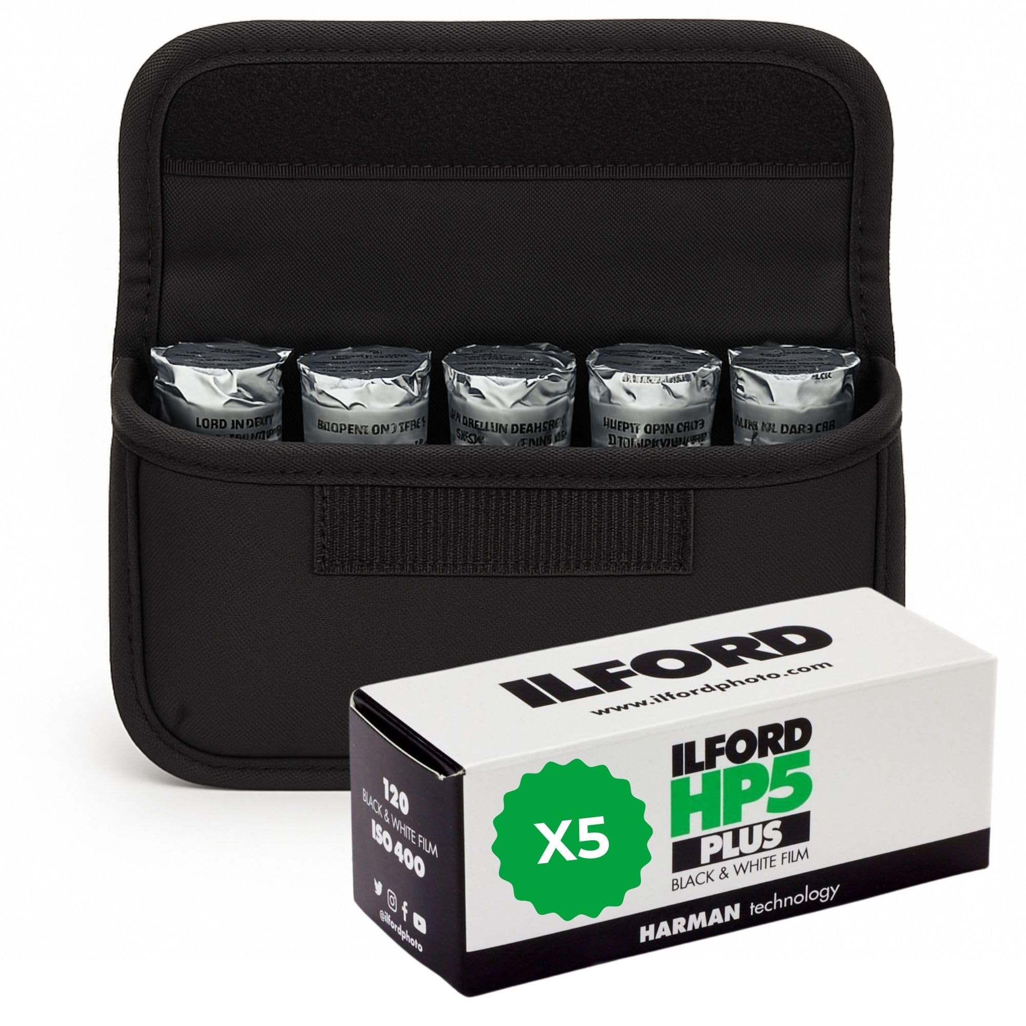 Paquete de películas para cámara con película Ilford HP5 120 en blanco y negro ISO 400 x5 y estuche de almacenamiento Clikoze