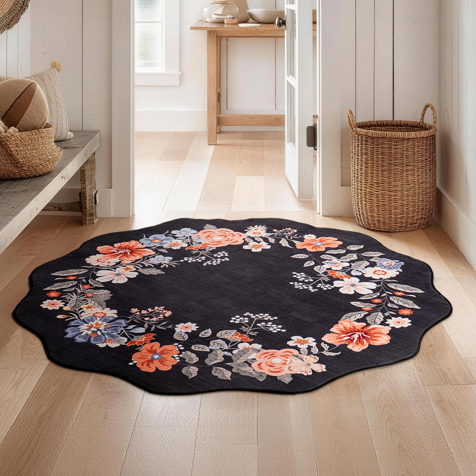 SOANNY Floral Round Rug 120 cm, Soft Washable Non-Slip Area Carpet, Small Low Pile Boho Stain Resistant Circle Mat for Entryway Bedroom Office Bathroom Office Dining, Scalloped Black โ image 1