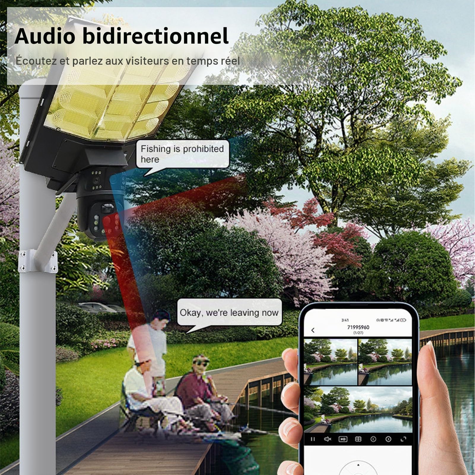 VBESTLIFE Caméra de sécurité pour Lampadaire Solaire 2 en 1 pour L'extérieur, Double Objectif Full HD 1080P, Connexion 4G, Détection Humaine, Audio Bidirectionnel, étanche à l'eau