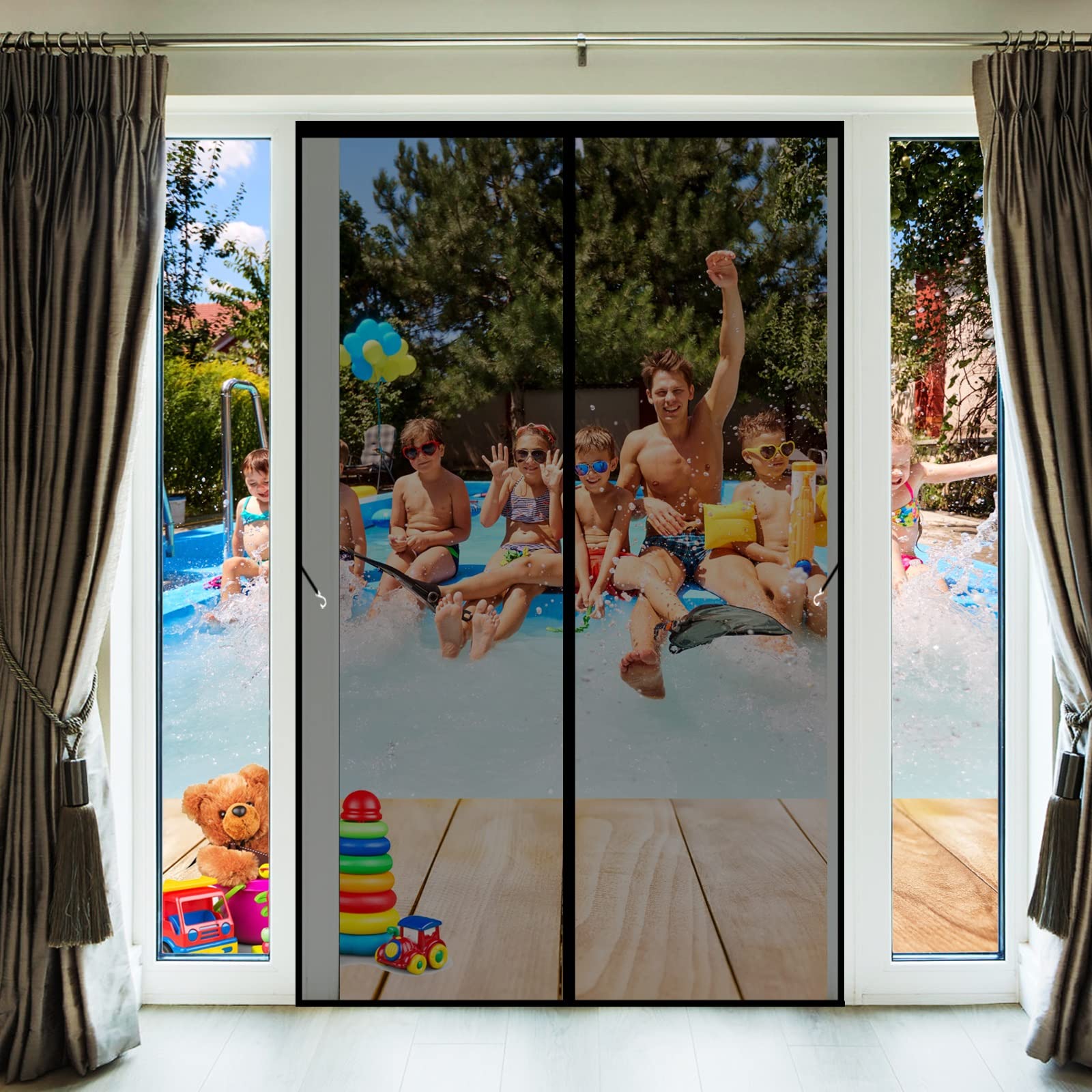 Moustiquaire magnétique 170 x 195 cm rideau anti mouches noir pour grandes portes et fenêtres