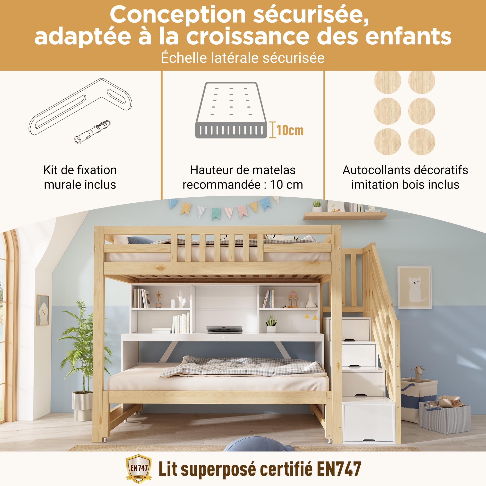 Lit Superposé Enfant 90x190/200cm avec Bureau de Mobile et Lit, Lit Mezzanine 2 Places avec Escalier de Rangement et Étagère Ouvert, Barriere de Sécurité, Sommier à Lattes, sans Matelas (Blanc-12A)