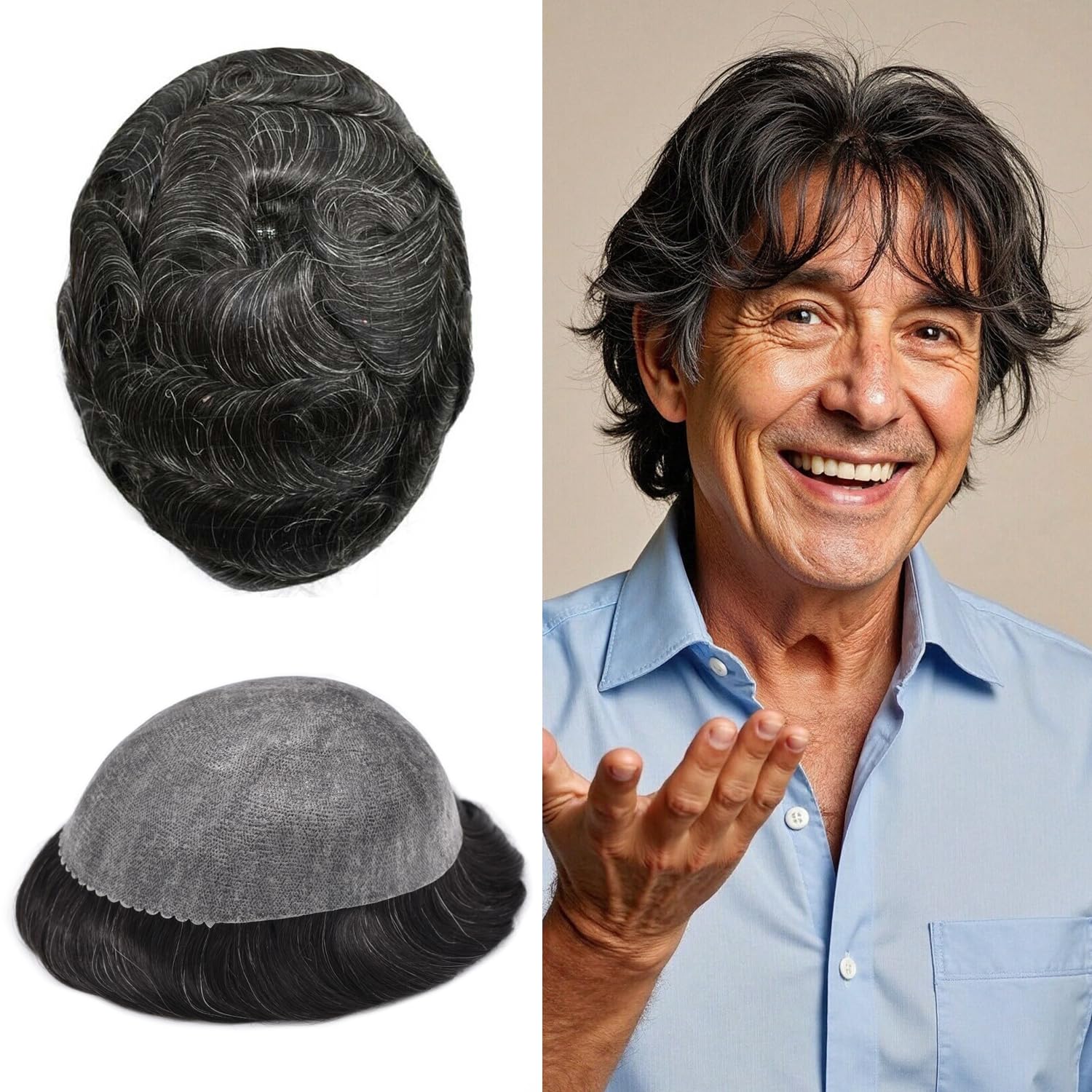 Toupee for Men Real Human Hair Piece Full Poly Thin Skin Men Hair Replacement System Mens Toupee Invisible Poly Coating Man Hairpieces8x10''-120% Density，#1B10 OFF BLACK+10% GREY