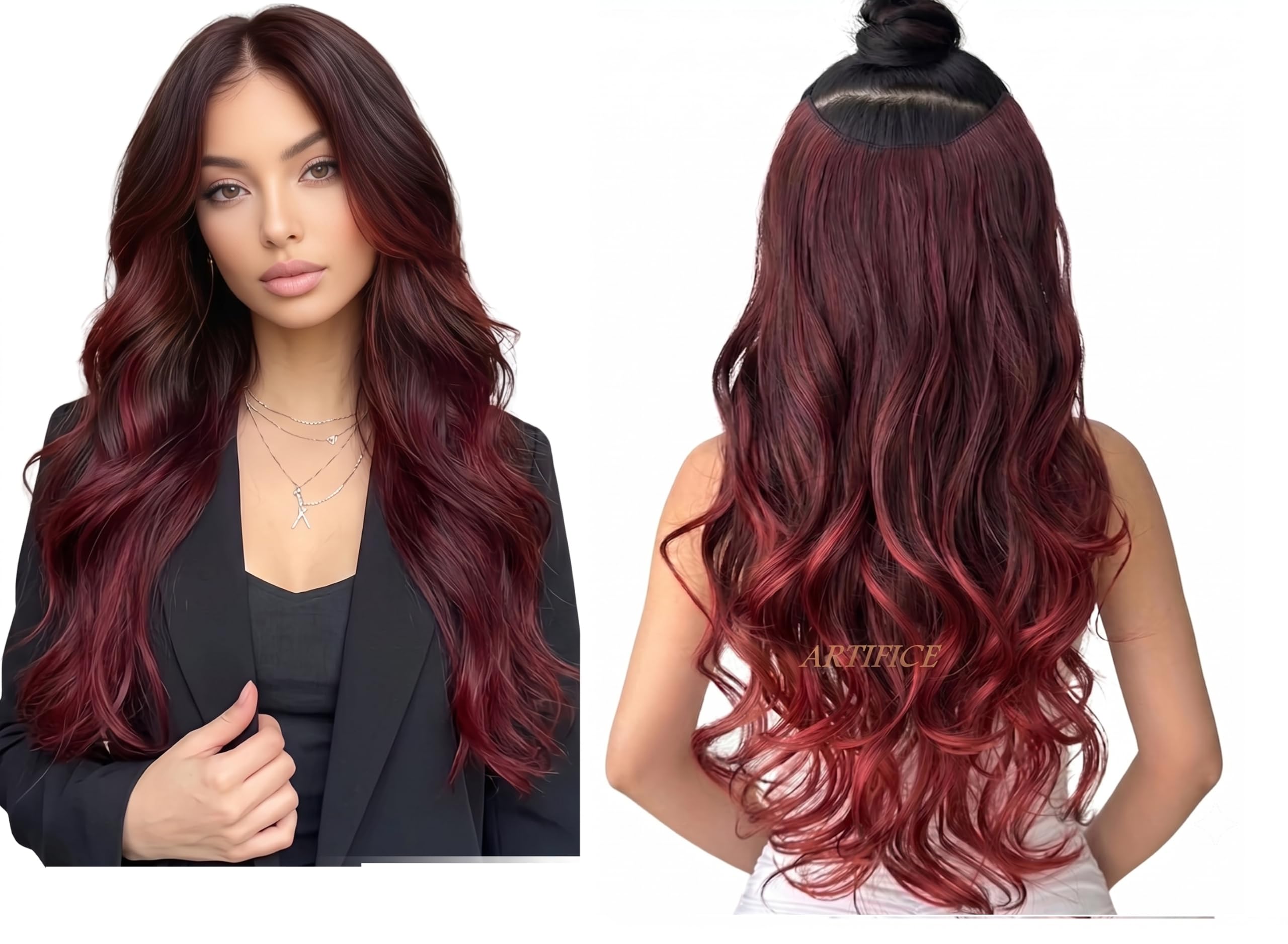 Artifice 5 Clips 26 Inch Long Curly Wavy Multi Layered One Piece 160g Full Volume Soft Natural Look Clip in Hairpiece Hair Extension for Women WINE MIX BROWN-image-32
