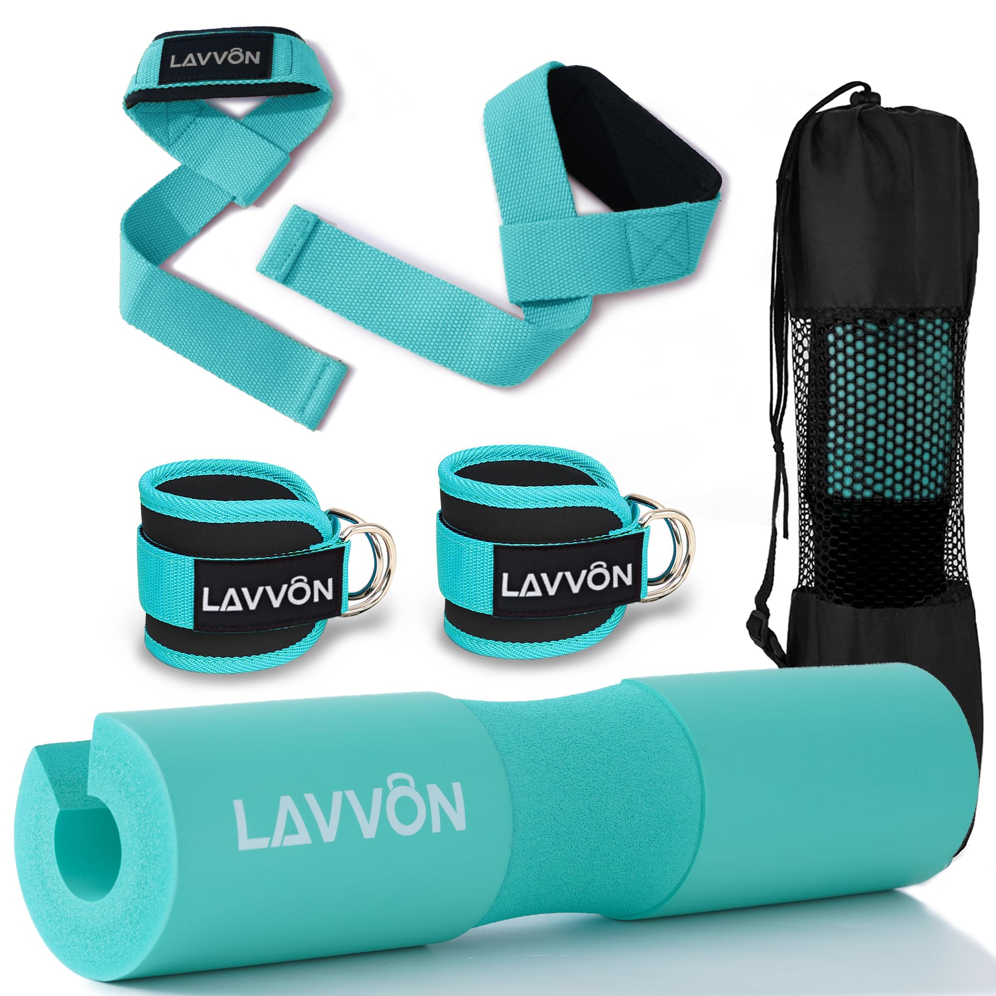 Squat Pad Set - Foam Barbell Pad for Squats Cushion, Lunges & Bar Padding for Hip Thrusts - Standard Weight Bar Pad - With Ankle Straps, Wrist Straps for Weightlifting