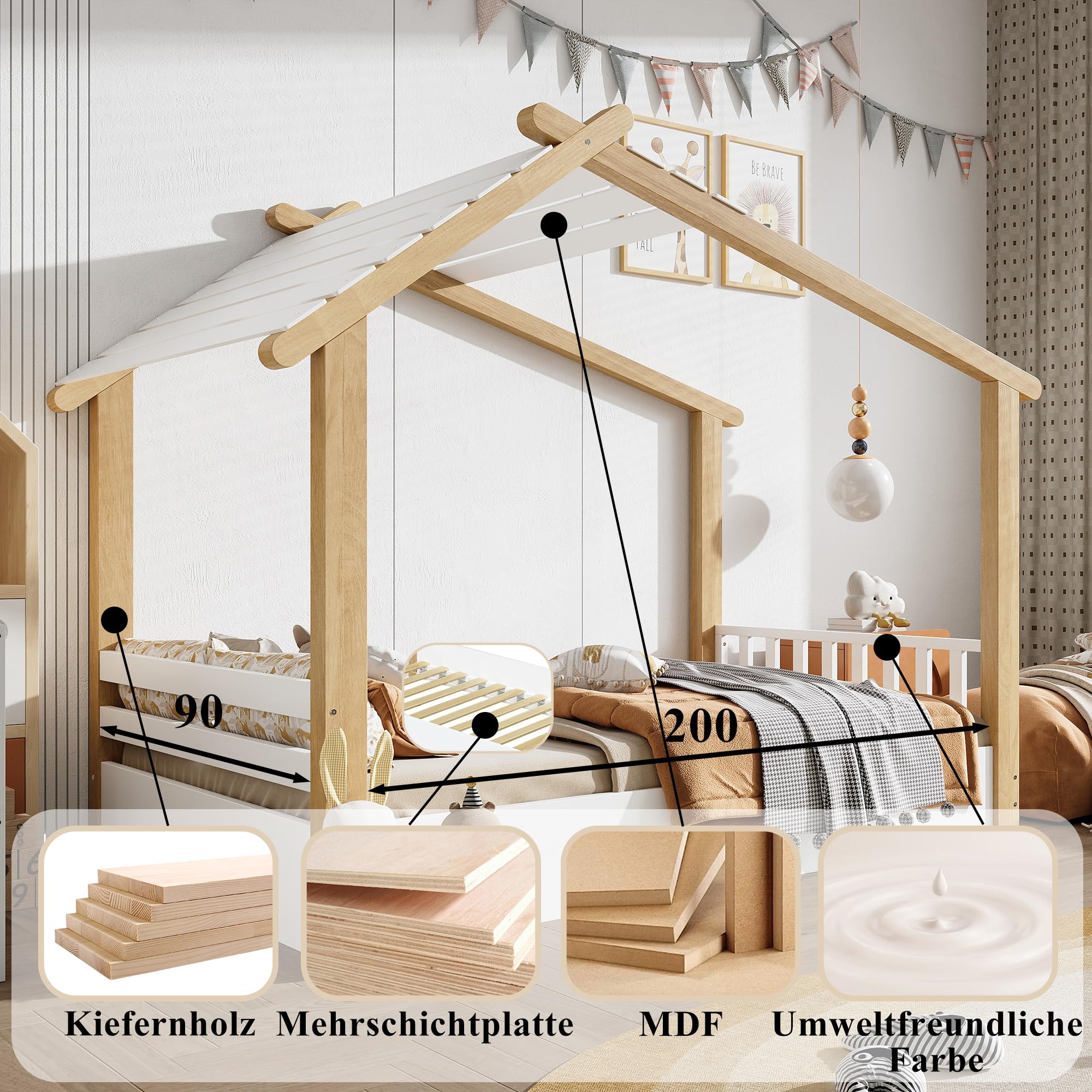 Kinderbett 90x200 cm, Holzbetten Bodenbett mit Rausfallschutz und Lattenrost, Holzhausdesign Bett für Kinder mit Dach, Hausbett mit Zaun für Jungen & Mädchen, Weiß, Kiefernholz, ohne Matratze