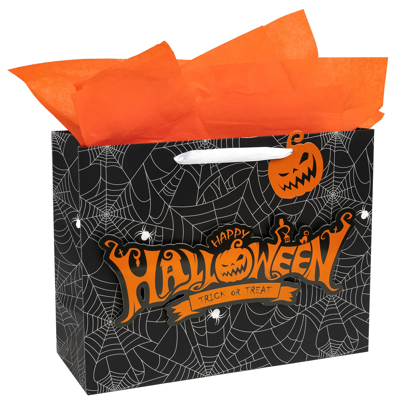 Loveinside Black Medium Gift Bag for Halloween with Tissue Paper and Gift Tag, Perfect for Party Favors & Treats, 13" x 5" x 10", 1 Piece