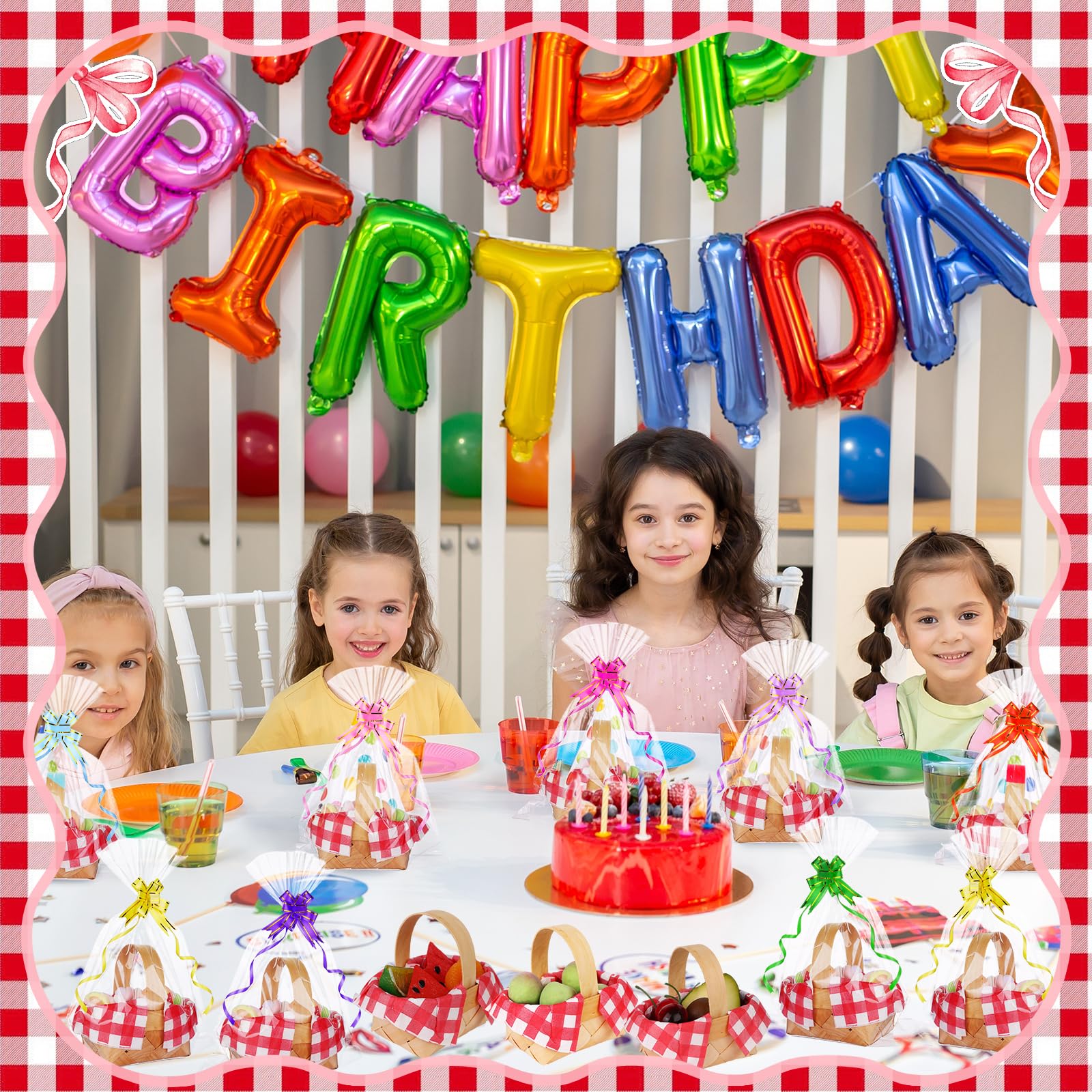 Gewebte Mini-Körbe mit Griffen, 24 Papierservietten, 30 Plastiktüten, 30 mehrfarbige Schleifen, 30 metallische Bindebänder, Blumen, Obst, Picknick, Chip-Eimer für Hochzeit, Party, Geschenk, Dekoration