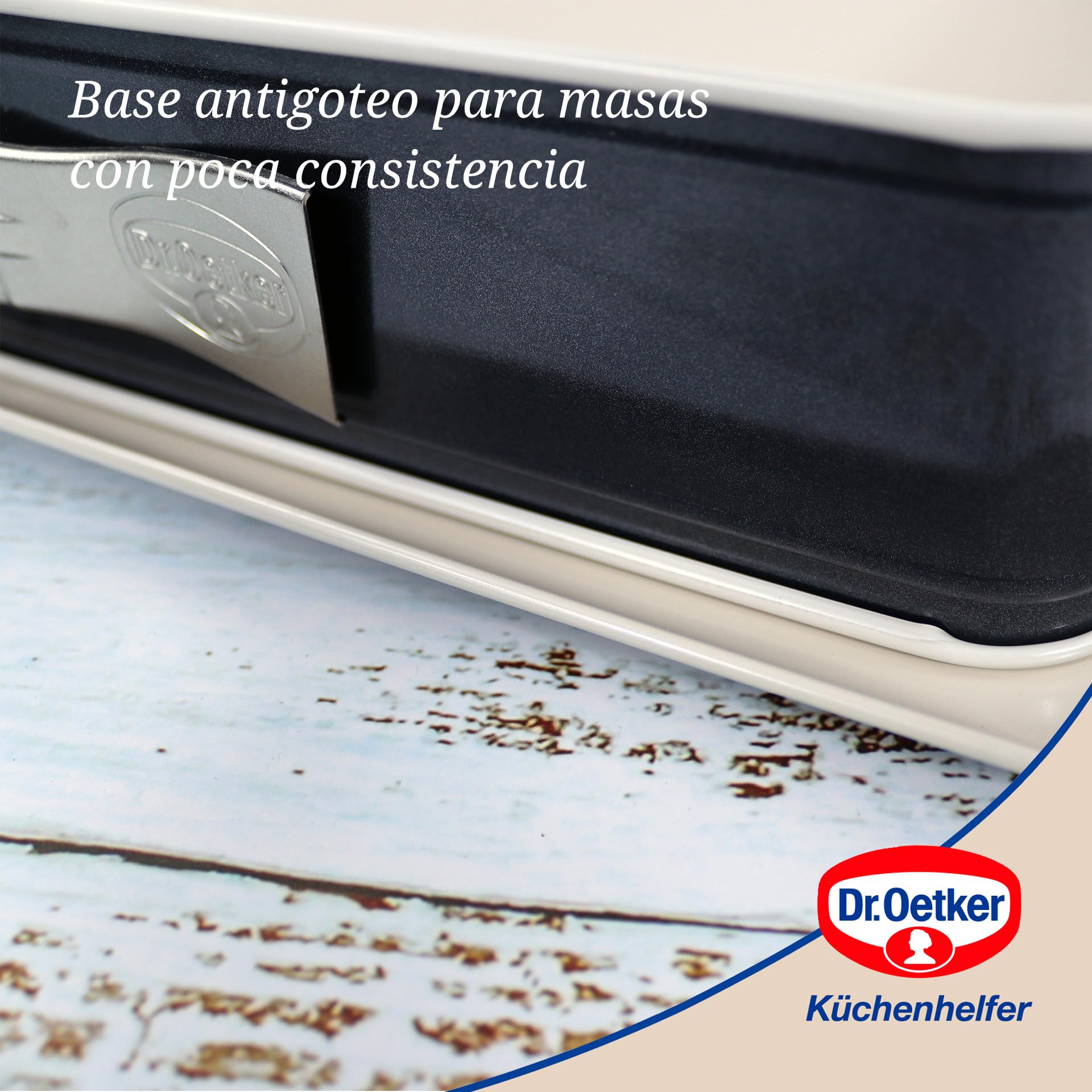 Dr. Oetker Molde Desmontable Rectangular con Base Antigoteo, Acero Reforzado con Cerámica, Antiadherente y Resistente hasta 230ºC, 42x29x7cm, Antifugas, Color Crema y Gris, 38x25x7 cm, 1 ud.
