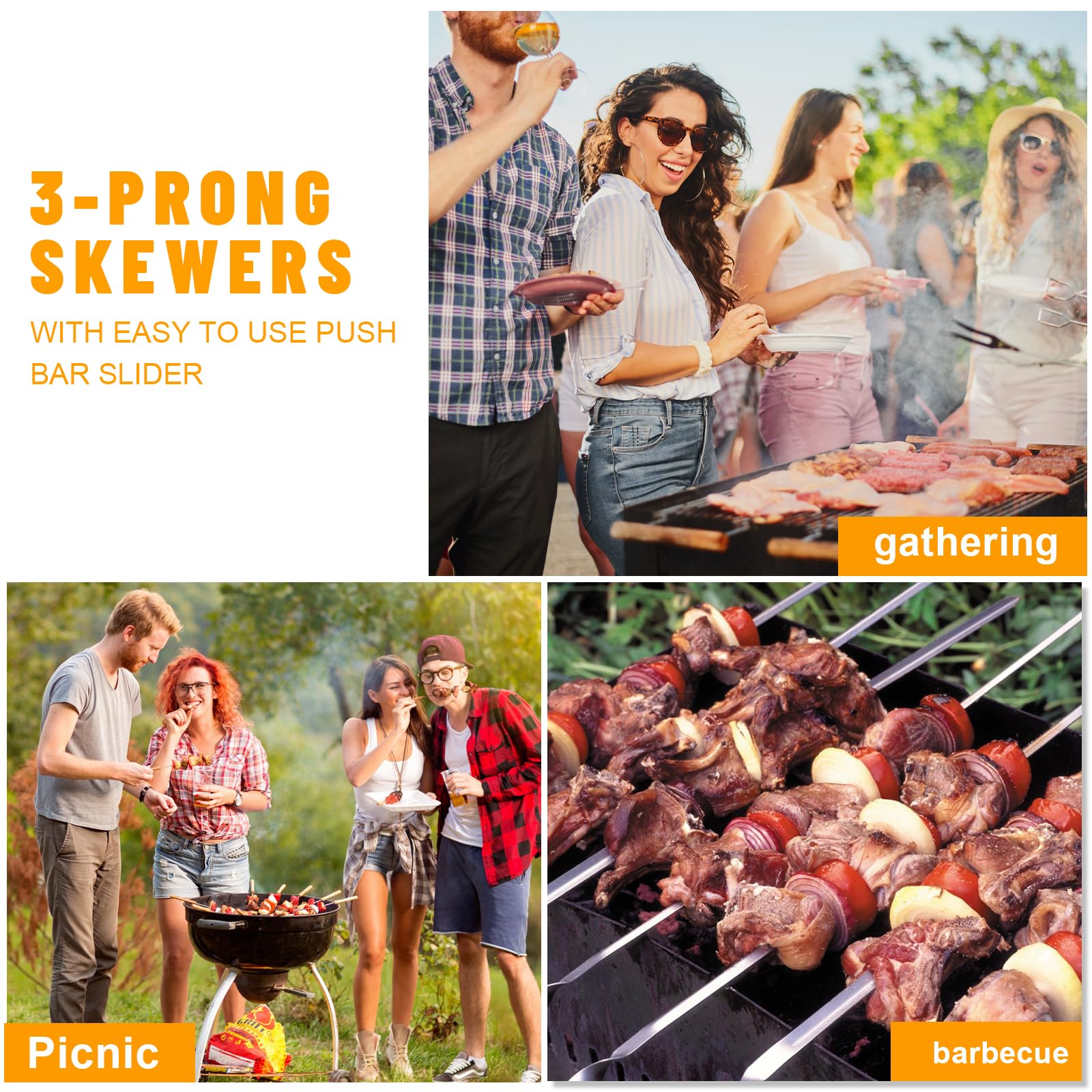 3 palitos de brocheta para asar a la parrilla de 14 pulgadas, pinchos de parrilla de 3 vías, pinchos de metal para barbacoa con deslizadores de varilla de empuje, accesorios de barbacoa, palos de asar