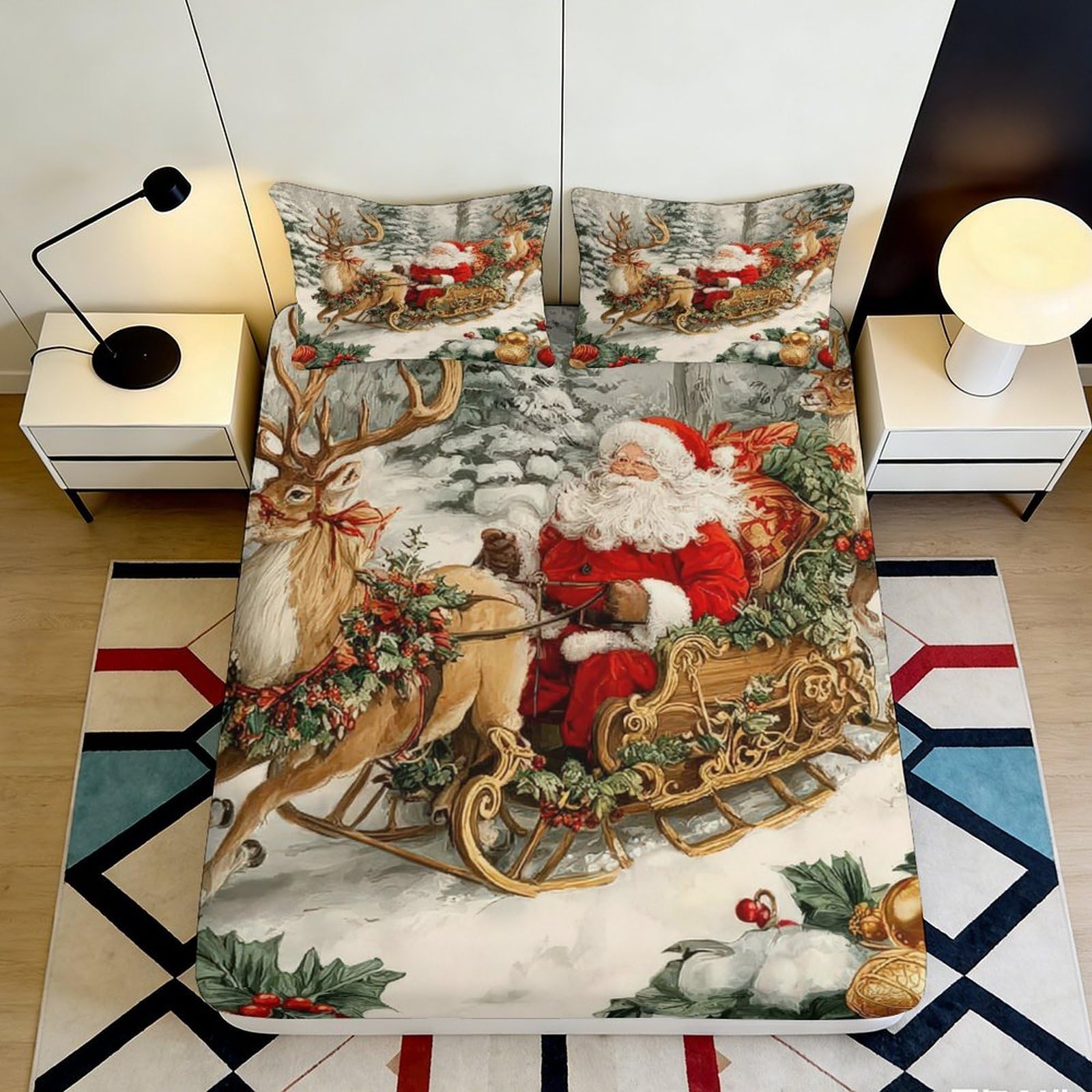 3D Printed Christmas Santa Sleigh Fitted Sheet Microfiber Soft Festive Reindeer Bed Cover for Bedroom Guest Room Decor 90x200x25cm