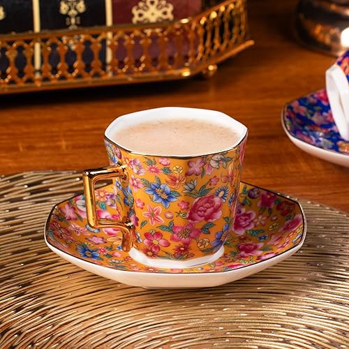 Miniatura 3 de KAMMAK Juego de 2 tazas de té y platillos, taza de café de porcelana con platillo para espresso, capuchino, taza de cerámica vintage de 4.5 onzas,