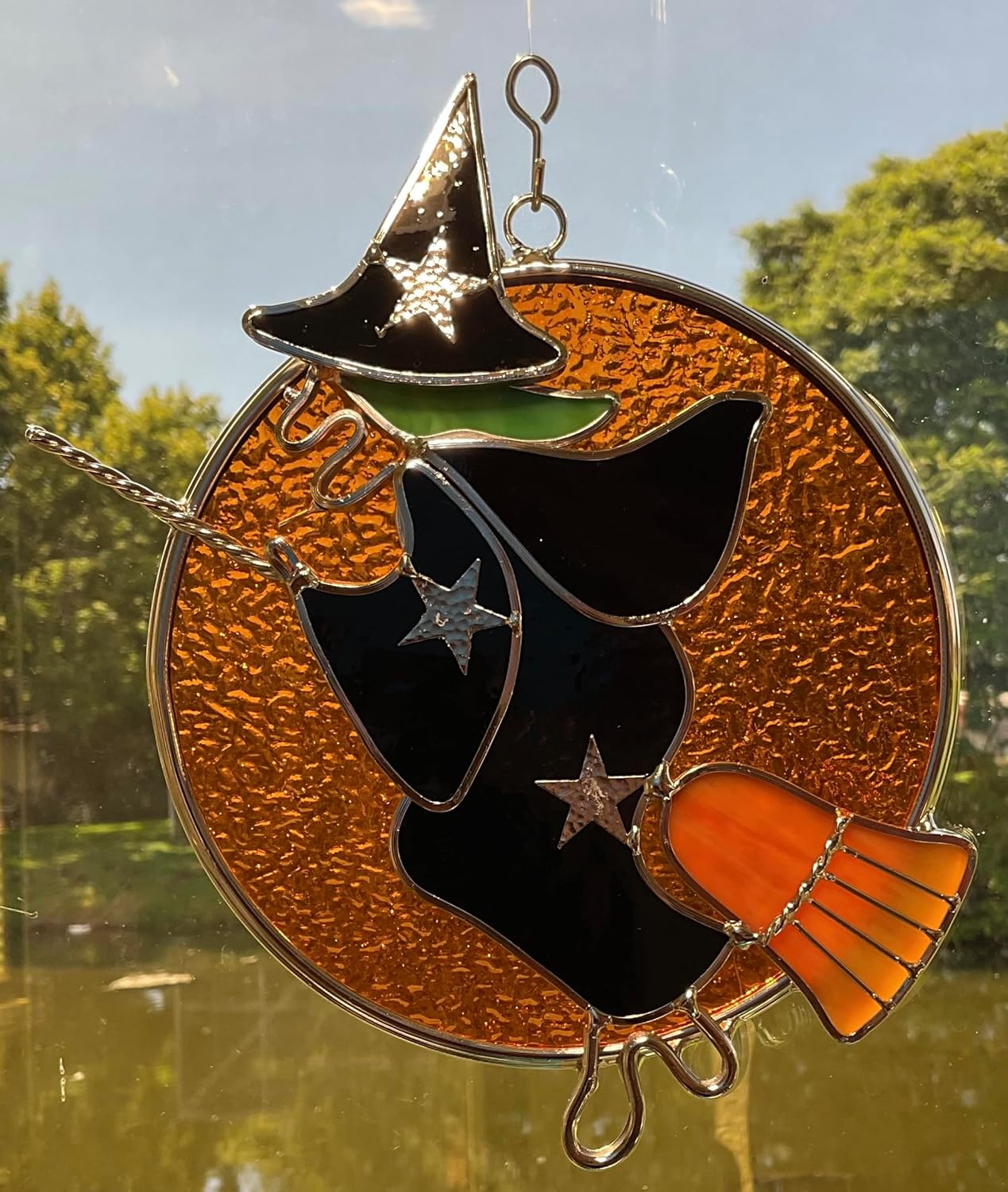 Moon Witch on Broom Suncatcher – Real Stained Glass Halloween Decor – Silver Finish – 7x6 Inches – from Juhlin Glass Studio