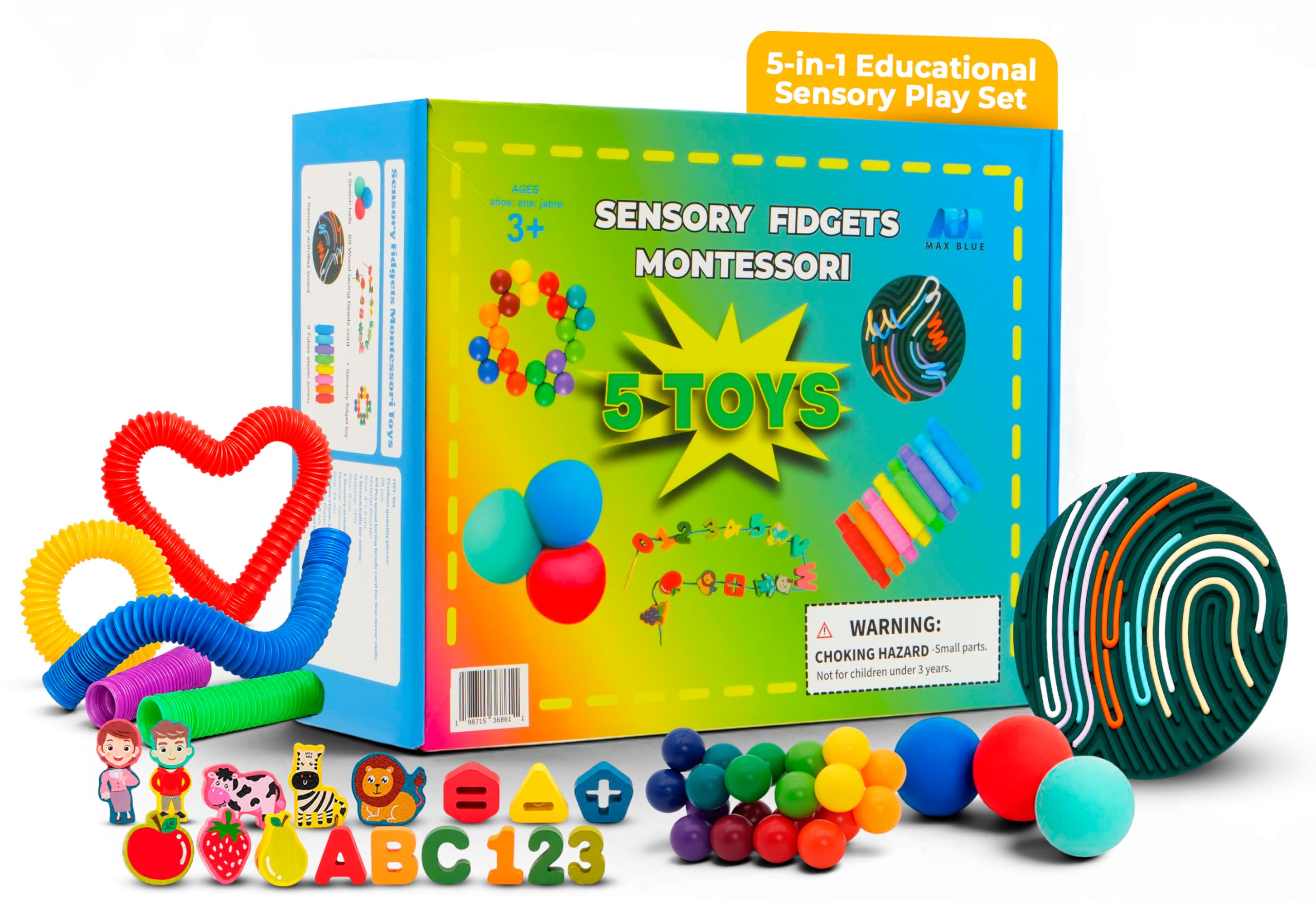98 piezas 5 en 1, juguetes sensoriales, Montessori, juguetes para ansiedad, 69 cuentas de cordones, bolas elásticas, juguetes silenciosos, tablero de actividades sensoriales, tubos elásticos, juguete