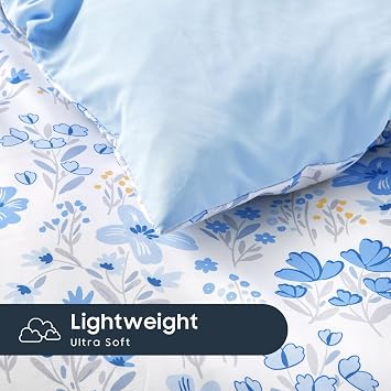 Wake In Cloud - Floral Bedding Set for Girls, Cute Colorful Botanical Flowers Patterned Soft Lightweight Comforter Set with Sheets, 5 Pieces Kids Bed in a Bag, Blue White, Twin Size