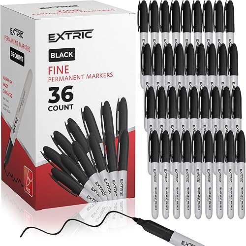 EXTRIC Marcadores permanentes negros, 36 marcadores de punta fina, secado rápido, funciona en madera, papel, plástico, metal y vidrio, para uso