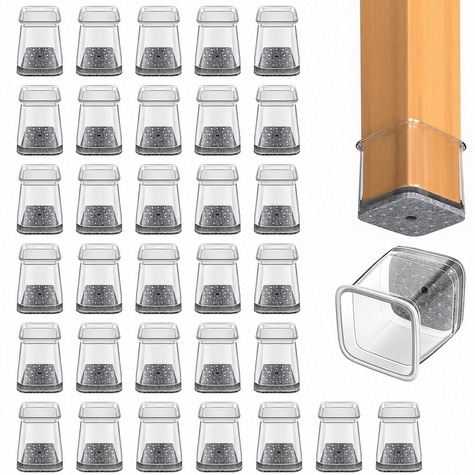 Wosyoodo 32 Pcs Chair Leg Floor Protectors Square, Silicone Chair Feet with Felt Pads, Floor Protectors for Hardwood Floors, No Scratches and No Noise (Fit 13-19mm)