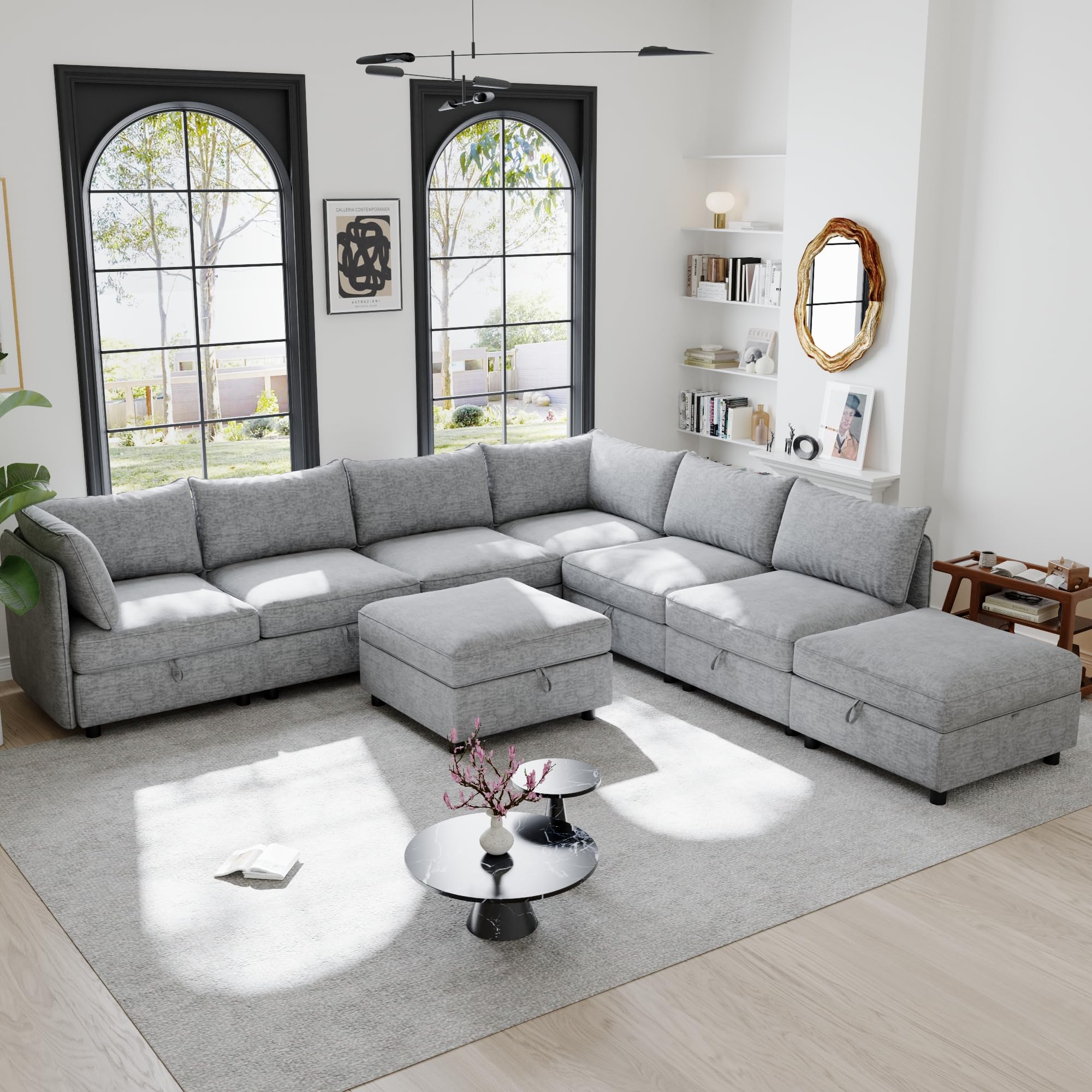 Oversized 8 Seater Modular Storage Sectional Sofa Customizable Seating Group Sofa Couch Convertible Sleeper Sofabed W Movable Ottoman