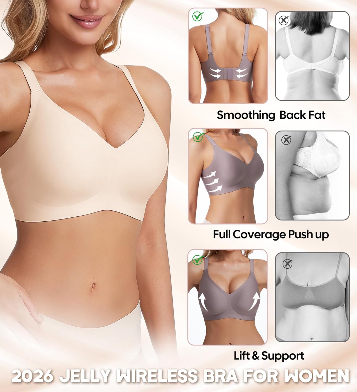 Jelly Wireless Bras for Women Push Up Deep V Seamless Comfort Plunge No Underwire Bra with Adjustable Straps Everyday Bras - Image 4