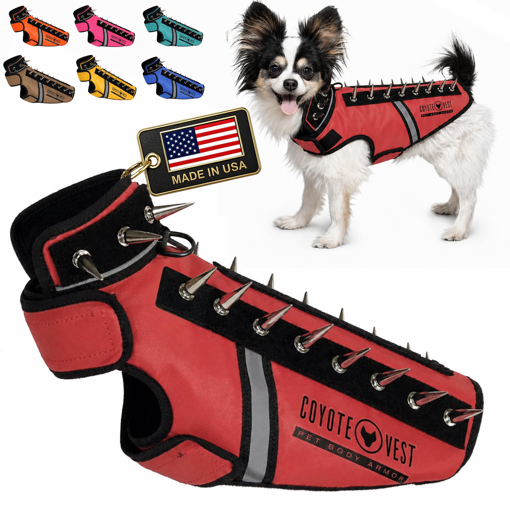 CoyoteVest SpikeVest Dog Harness | Stab-Resistant Protective Vest | Coyote Vest for Dogs | Defends Against Coyotes, Dogs, Birds of Prey | Reflective Safety, Made in USA (XS-Red)