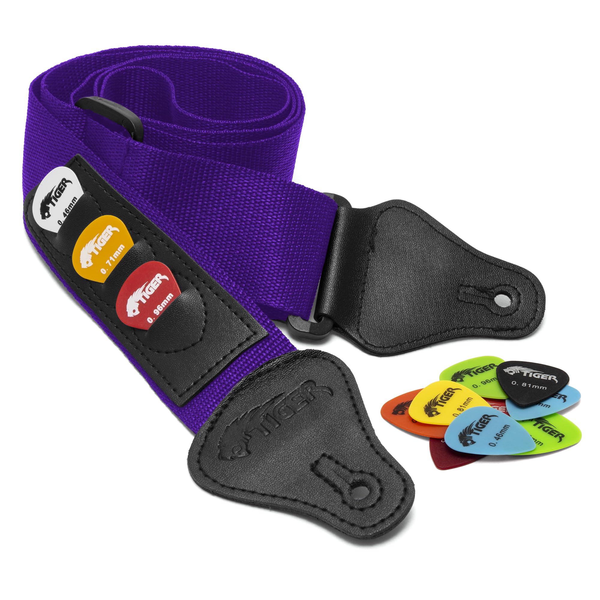 Tiger STPK-PU Guitar Strap with 12 Free Plectrums/Picks - Purple