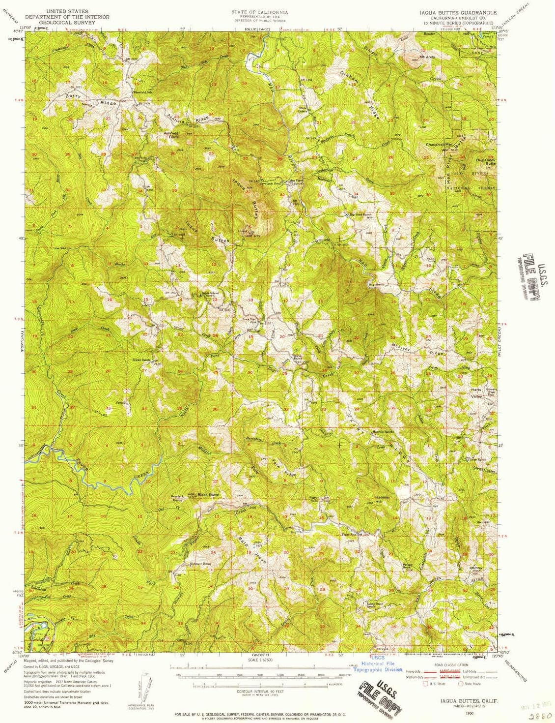 Iaqua Buttes CA topo map, 1:62500 Scale, 15 X 15 Minute, Historical, 1950, Updated 1957, 20.8 x 16.6 in