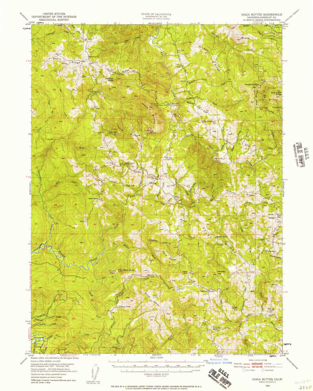 Iaqua Buttes CA topo map, 1:62500 Scale, 15 X 15 Minute, Historical, 1950, Updated 1957, 20.8 x 16.6 in