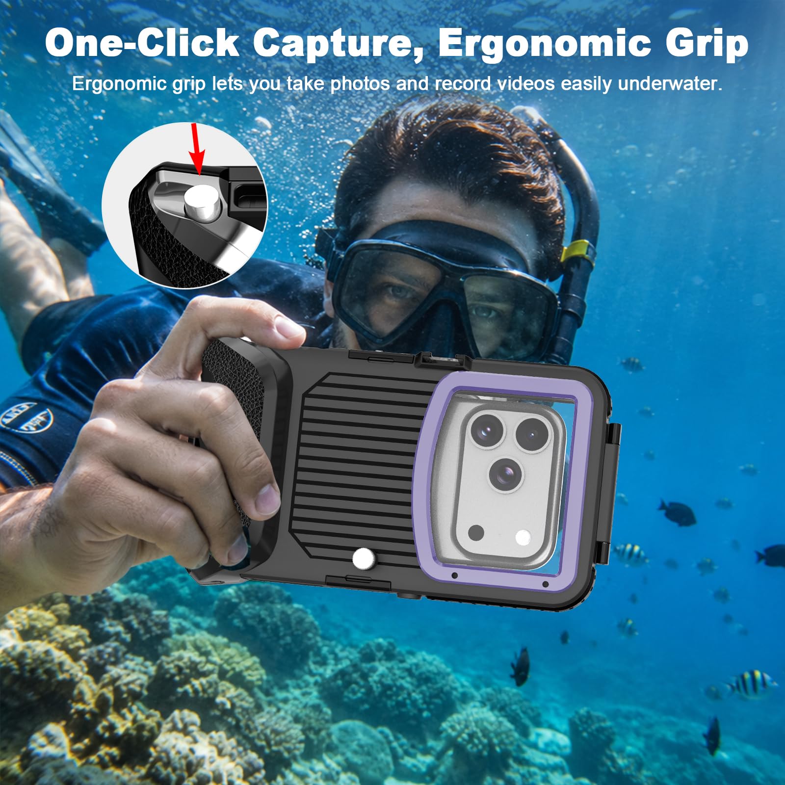 Custodia impermeabile subacquea da 15 m per iPhone 17/16/15/14 | Smartphone da 5,4 a 6,9 pollici, tasto volume del telefono a sinistra, snorkeling, nero viola