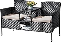Flamaker Beige Rattan Patio Loveseat with Cushions & Built-in Table - 2-Seat Wicker Bench for Porch, Balcony, Lawn