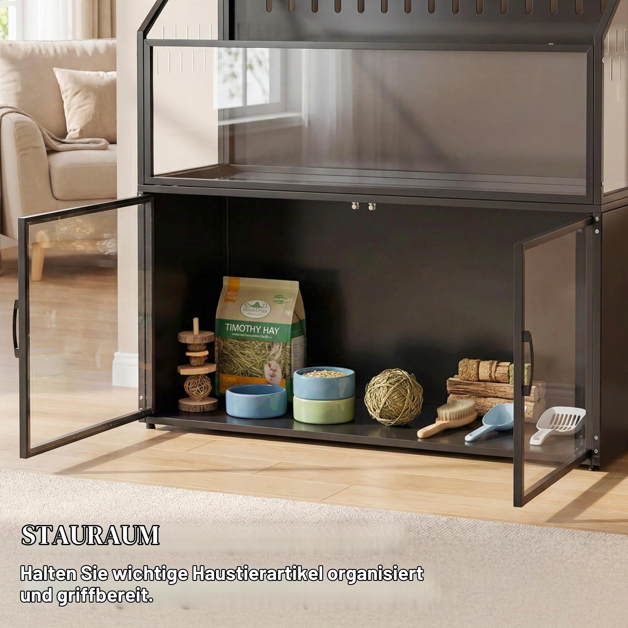 PawHut Hamsterkäfig 2-in-1 mit Aufbewahrungsschrank – Riesen-Lebensraum 104 cm für Nagetiere aus Stahl und transparentem Acryl – großer Käfig Design für syrische Hamster und Mäuse, schwarz